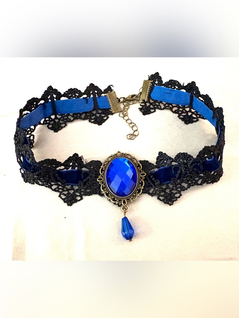 Vintage-Inspired Black Lace Choker with Royal Blue Gem. NWT.